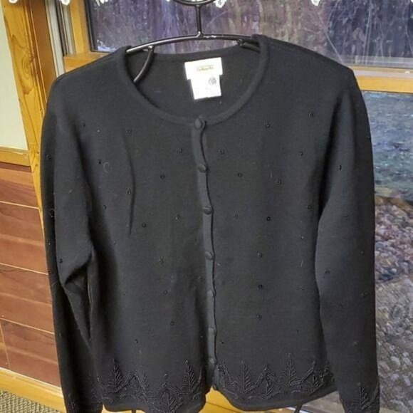 Talbots Embellished Beaded & Embroidered Sz. L 100% WOOL Black Holiday Cardigan - Picture 2 of 9